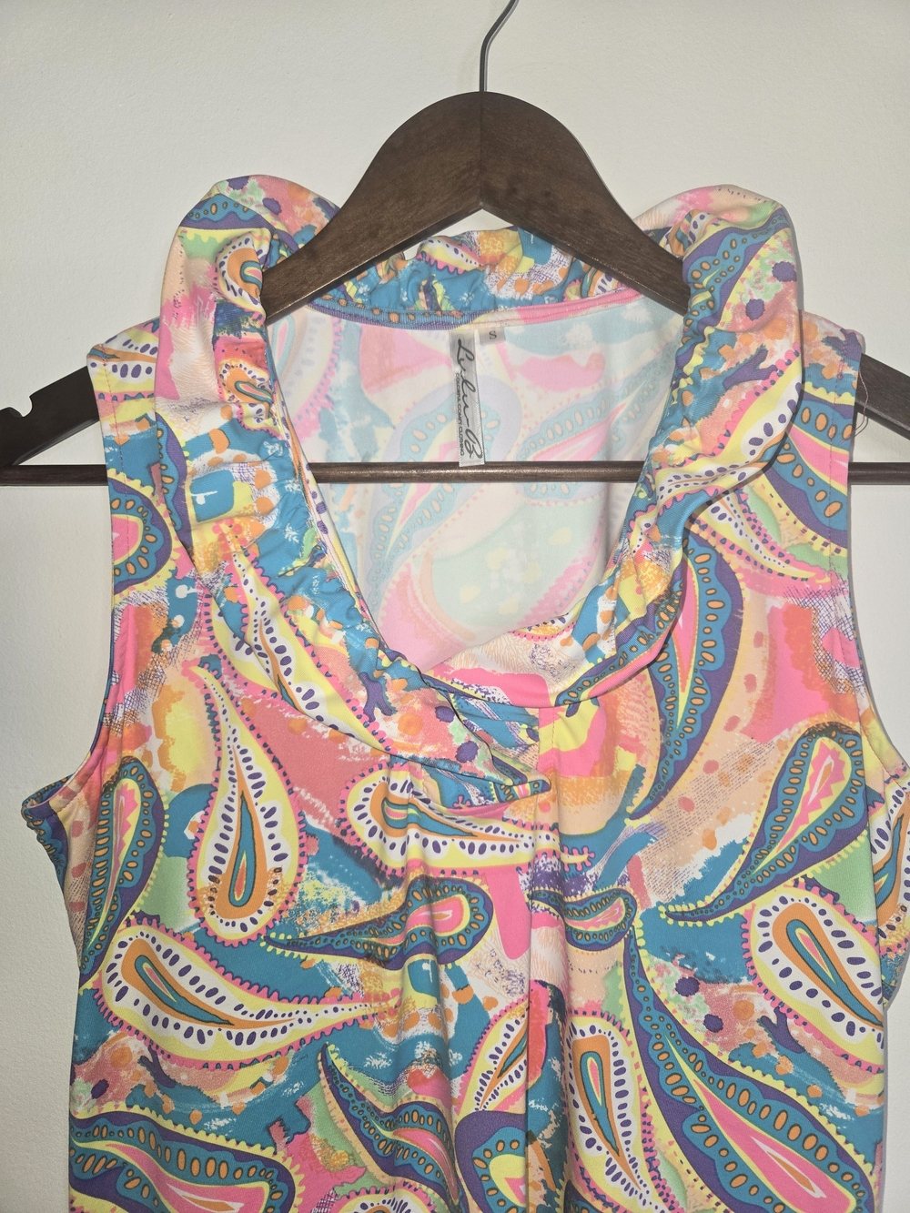 Lulu-B Vibrant Pink, Blue & Green Paisley Ruffle Cowl Neck Top Wrinkle Proof - S - Picture 2 of 9